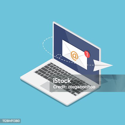 istock Isometric laptop with new email notification on monitor 1128491380