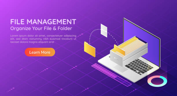 ilustraciones, imágenes clip art, dibujos animados e iconos de stock de isométrica web banner portátil transferir archivo y organizar la carpeta en el monitor - file open paper document