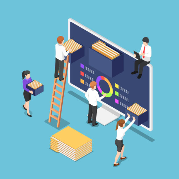 Isometric business people are organize document files and folders inside computer Flat 3d isometric business people are organize document files and folders inside computer. File and data management concept. enterprise records management stock illustrations