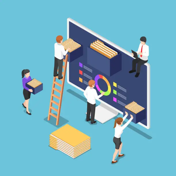 Vector illustration of Isometric business people are organize document files and folders inside computer