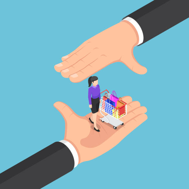 Isometric businessman hands protecting the customer and shopping cart Flat 3d isometric businessman hands protecting the customer and shopping cart. Customer retention concept. retain stock illustrations