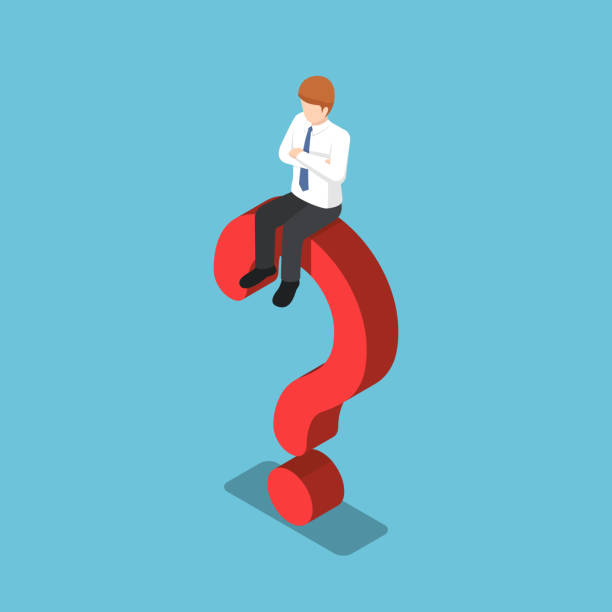 Isometric businessman is sitting on the question mark sign Flat 3d isometric businessman is sitting on the question mark sign. Business problem concept. isometric question mark stock illustrations