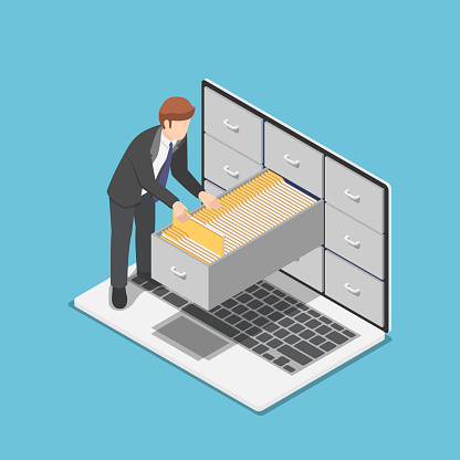 Flat 3d isometric businessman manage document folders in cabinet inside the laptop screen. File and data management concept.