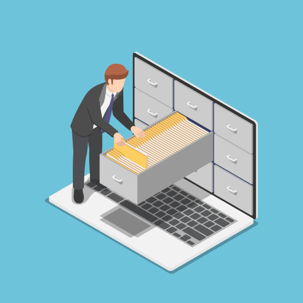 Isometric businessman manage document folders in cabinet inside the laptop screen Flat 3d isometric businessman manage document folders in cabinet inside the laptop screen. File and data management concept. filing cabinet stock illustrations