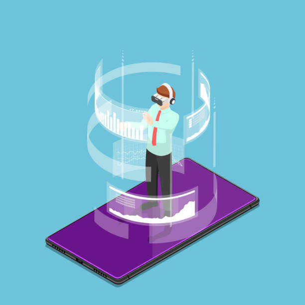 isometrische geschäftsmann virtual-reality-kopfhörer tragen und stehend auf smartphone - freizeitspiel grafiken stock-grafiken, -clipart, -cartoons und -symbole