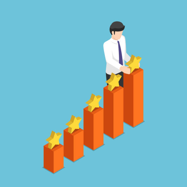 illustrations, cliparts, dessins animés et icônes de homme d’affaires isométrique mettant en étoile sur le dessus du graphique de croissance affaires - ranking rank number financial figures