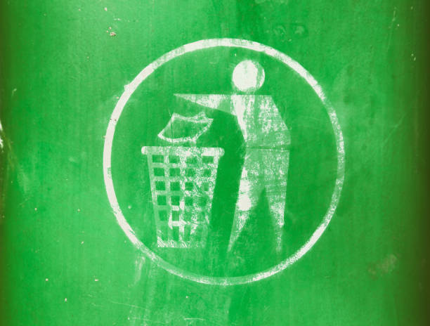 Grungy green and white rubbish disposal, recycle symbol with man and trash bin.