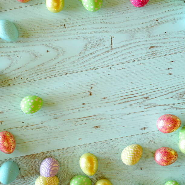 istock Colorful Easter eggs on mint green wood 1128492728