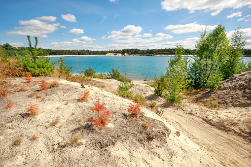 sand dunes, turquoise lake on sunny summer day