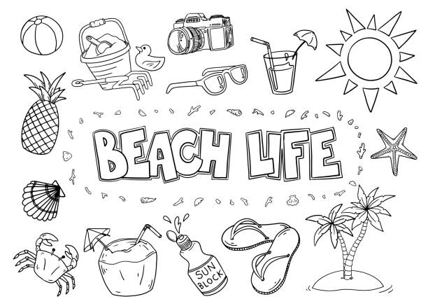 Beach life doodle icon set Beach life doodle icon set. Hand drawn illustration palm tree cartoon stock illustrations