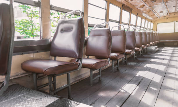 istock empty leather seat inside the vintage auto bus of bangkok metropolis 1128500298