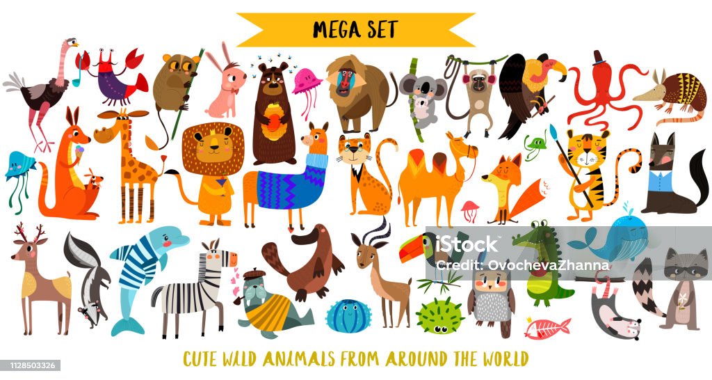 Mega Set Of Cute Cartoon Animals Wild Animals Marina Animalsvector  Illustration Isolated On White Background Stock Illustration - Download  Image Now - iStock