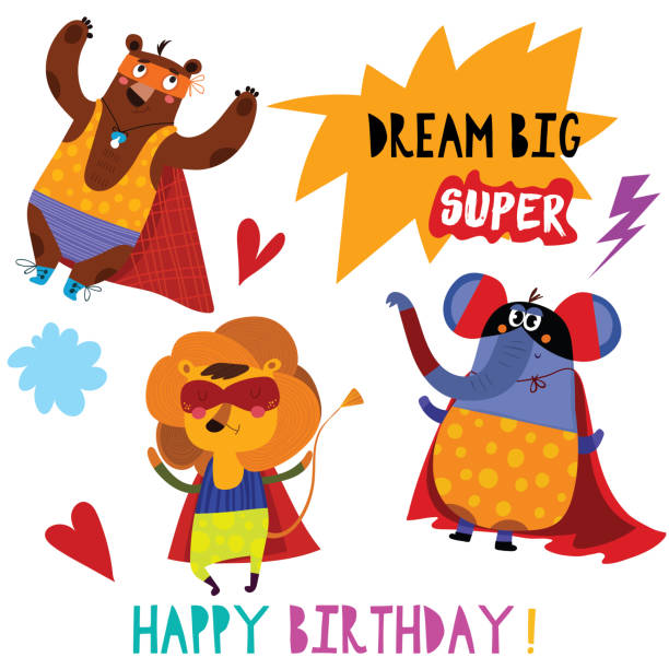 漫画のスーパー ヒーロー動物ライオン、くま、象と誕生日カード。手ポスター、カード、ラベル、ベビー服、保育園のグラフィックを描画します。 - birthday card baby shower elephant cute点のイラスト素材／クリップアート素材／マンガ素材／アイコン素材