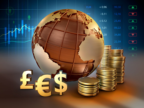 Currencies symbols and coins around an Earht globe. 3D illustration.