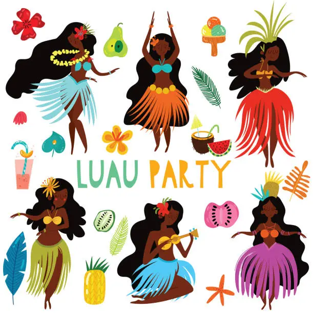 Vector illustration of Aloha Hawaii card with Hawaiian Hula girls .Cartoon vector illustration. Design concept for flyer, poster or greeting card