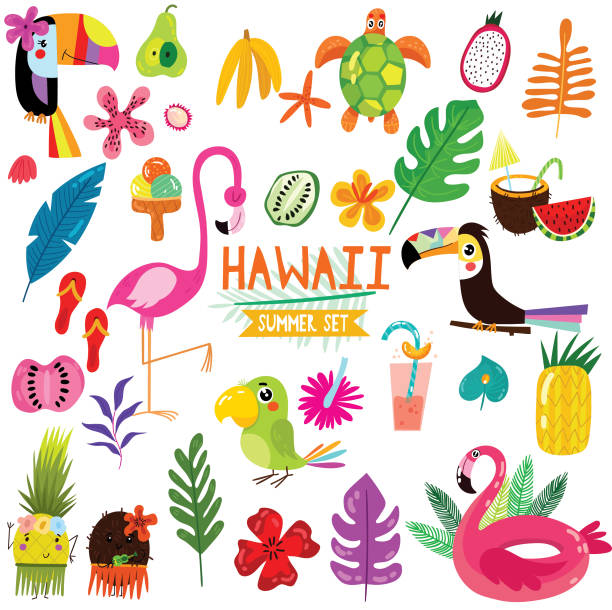 ilustrações de stock, clip art, desenhos animados e ícones de summer set of hawaiian symbols and elements- fruits , toucan, flamingo,ice cream and tropical leaves. perfect for web, card, poster or t-shirt. vector illustration - food and drink fruit cartoon illustration and painting