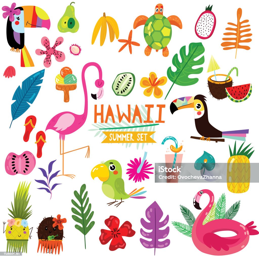 Summer set of Hawaiian symbols and elements- fruits , toucan, flamingo,ice cream and tropical leaves. Perfect for web, card, poster or t-shirt. Vector illustration Summer stock vector