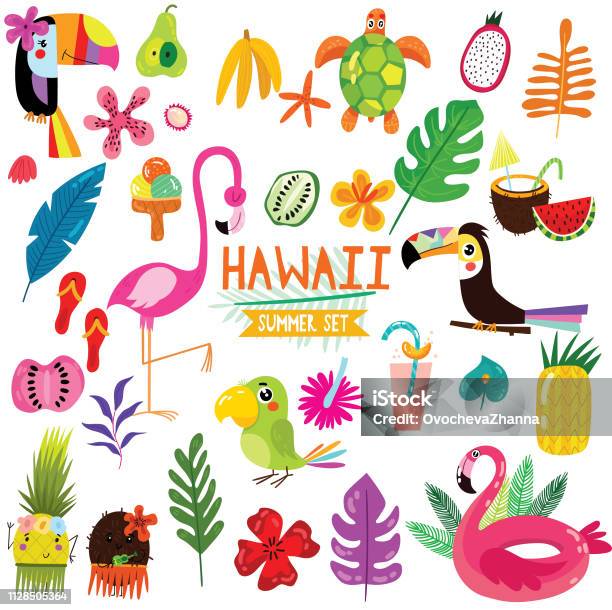 Summer Set Of Hawaiian Symbols And Elements Fruits Toucan Flamingo Ice Cream And Tropical Leaves Perfect For Web Card Poster Or Tshirt Vector Illustration Stock Illustration - Download Image Now