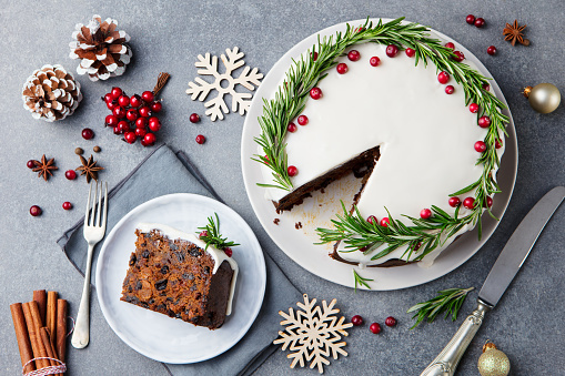 Christmas fruit cake, pudding on white plate. Copy space. Top view