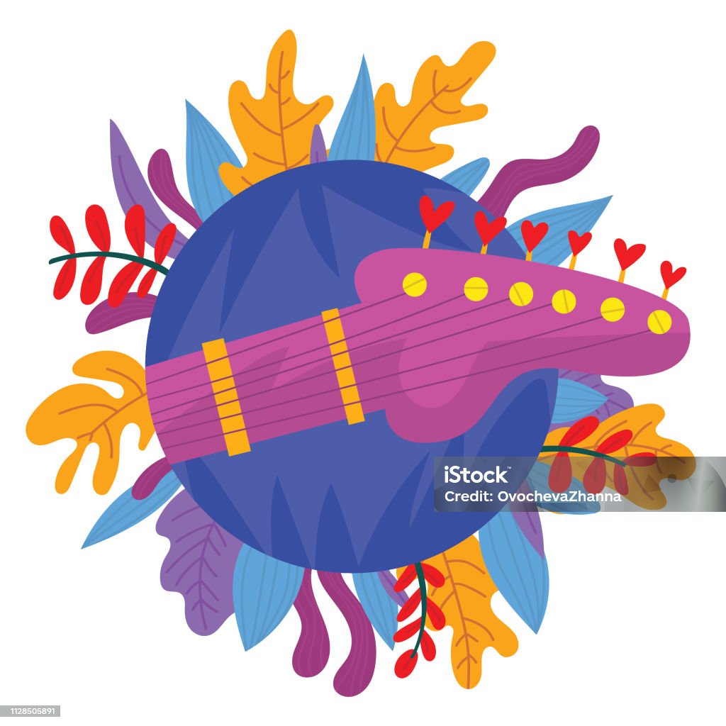 Hand drawn musical illustration with guitar.Perfect for music events, jazz concerts and others.Vector illustration - stock vector Art stock vector
