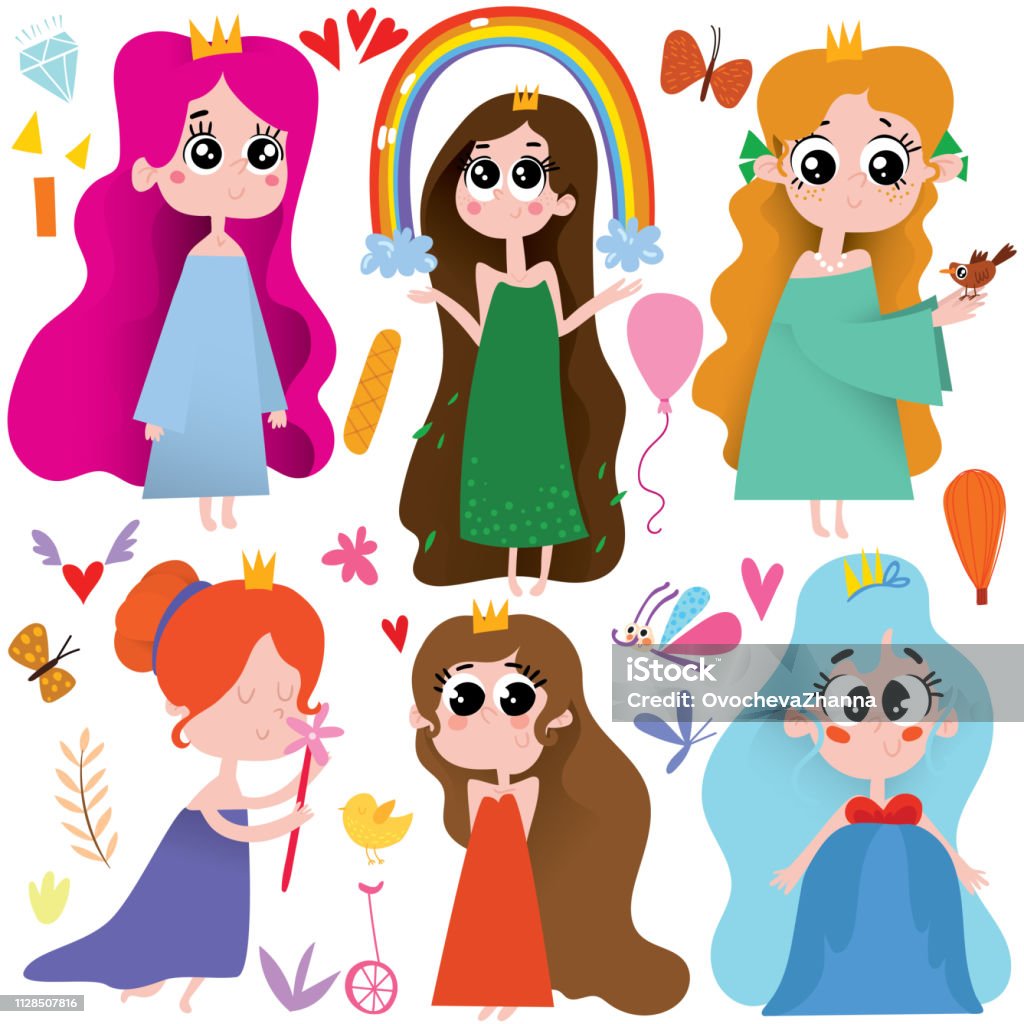 Vector set of cute cartoon princess. Awesome childish collection in cartoon style - stock vector Rapunzel stock vector