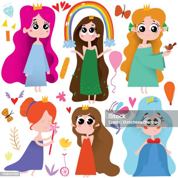 Vector Set Of Cute Cartoon Princess Awesome Childish Collection In Cartoon Style Stock Vector Stock Illustration - Download Image Now