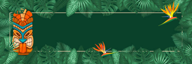 Summer Tropical Background Design Summer tropical background design with frame for your text, tribal Tiki mask and exotic leaves and flowers. Vector illustration. tiki mask stock illustrations