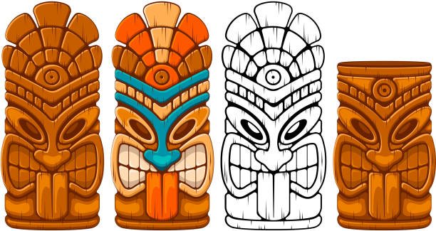 Wooden Tiki Mask Set Tiki tribal wooden mask set and Tiki mug. Hawaiian traditional elements. Colored, wooden and black and white silhouette. Isolated on white background. Vector illustration. tiki mask stock illustrations