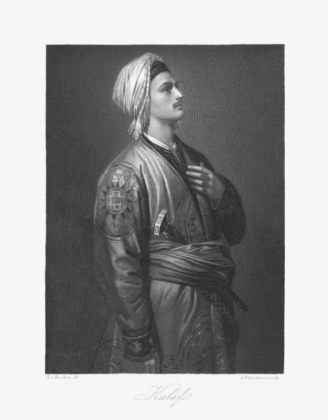 Kalaf, fictional character from Turandot by Gozzi, Schiller, Busoni, Puccini Prince Kalaf in Turandot - fictional character in the plays by Carlo Gozzi, and Friedrich Schiller, and in the operas by Ferruccio Busoni, and Giacomo Puccini. Steel engraving after a drawing by Arthur von Ramberg (Austrian painter, 1819 - 1875), published in 1859. giacomo puccini stock illustrations