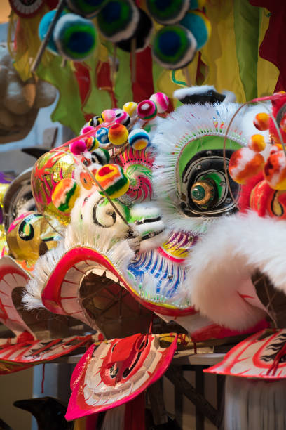 istock Traditional Chinese lion dance heads on display 1128510522