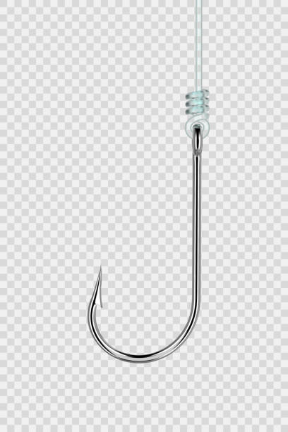 Fishing hook hanging on a line Fishing hook hanging on a line isolated on transparent background, side view with place for text. Vector illustration. hook equipment stock illustrations