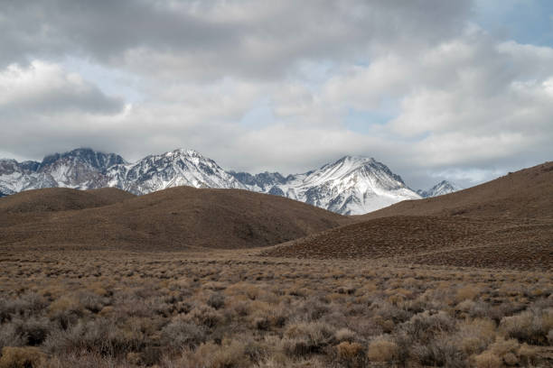 istock brown winter desert valley, hills, snowy mountain peaks 1128513962
