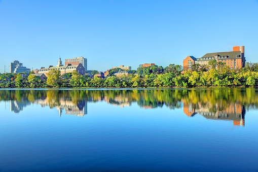 New Brunswick skyline along the banks of the Raritan River. New Brunswick is a city in Middlesex County, New Jersey, United States