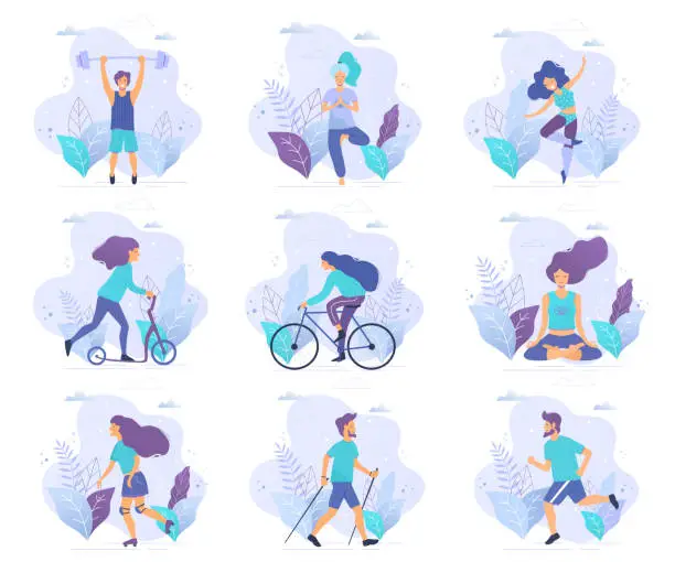 Vector illustration of Healthy lifestyle. Different physical activities: running, roller skates, dancing, bodybuilding, yoga, fitness, scooter, nordic walking.