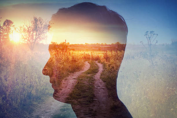 Man silhouette on rural landscape background. Psychiatry and psychology concept. Man silhouette on rural landscape background. Psychiatry and psychology concept. mental wellbeing stock pictures, royalty-free photos & images