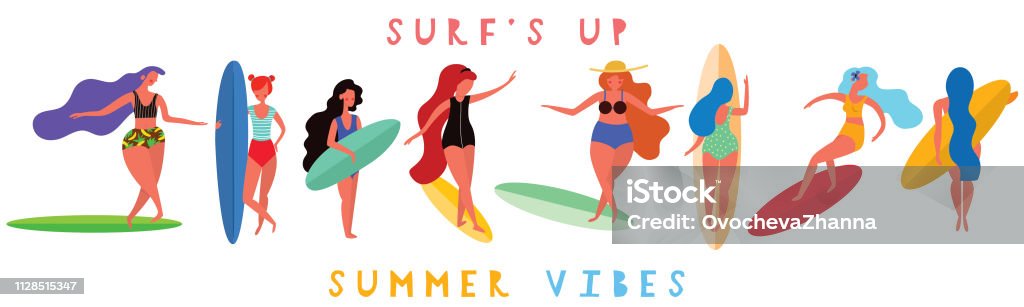 Girls surfers with the surf boards. Horizontal banner with with funny characters . Vector illustration. Surfing stock vector