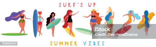 Girls Surfers With The Surf Boards Horizontal Banner With With Funny Characters Vector Illustration Stock Illustration - Download Image Now