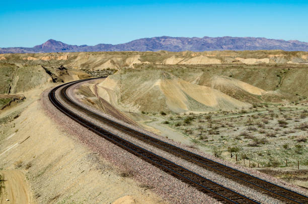 istock Train rail line passing through the Mojave Desert 1128516291