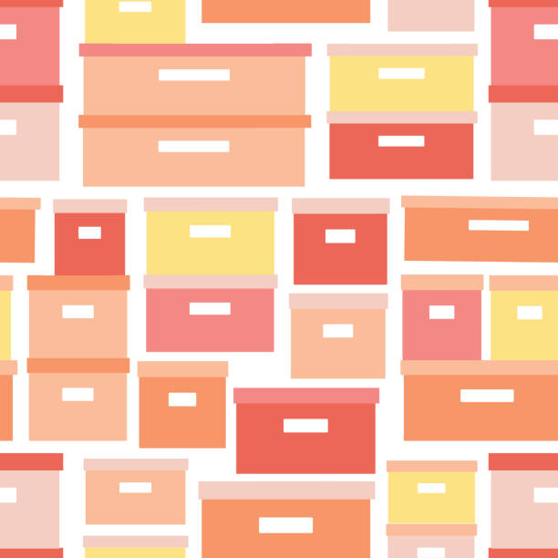 Storage boxes seamless vector pattern. Stacked cardboard storage boxes with closed lid background in coral yellow. Vector illustration closet organization. Tidy up. Declutter and tidying up concept. Storage boxes seamless vector pattern. Stacked cardboard storage boxes with closed lid background in coral yellow. Vector illustration closet organization. Tidy up. Declutter and tidying up concept declutter organize stock illustrations