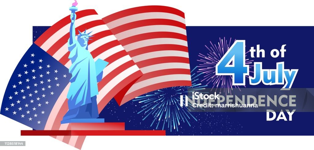 Independence Day of America Vector horizontal illustration for the holiday of Independence Day of America. Banner with national attributes and symbols of the flag and the statue of liberty Abstract stock vector