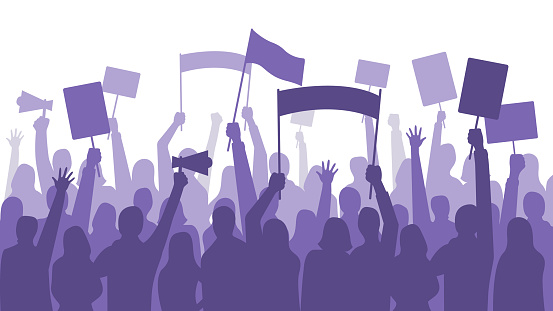 Activists protest. Political riot sign banners, people holding protests placards and manifestation banner. Jobs activist strike, vegetarians meeting or feminist demonstration vector illustration