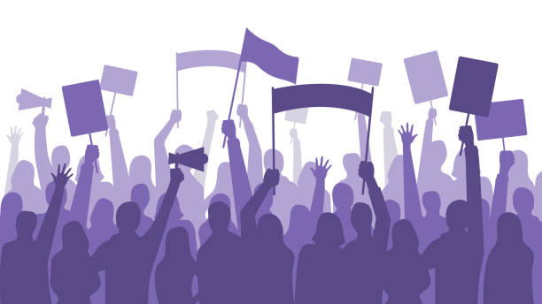 Activists protest. Political riot sign banners, people holding protests placards and manifestation banner vector illustration Activists protest. Political riot sign banners, people holding protests placards and manifestation banner. Jobs activist strike, vegetarians meeting or feminist demonstration vector illustration crowd of people silhouettes stock illustrations