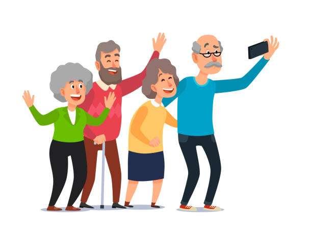 Old people selfie. Senior people taking smartphone photo, happy laughing group of seniors cartoon illustration Old people selfie. Senior people taking smartphone photo, happy laughing group of seniors. Aging grandfather and grandmother recreation, senior take selfie cartoon illustration old person cartoon stock illustrations