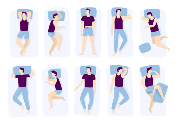 男が寝てポーズ。夜の睡眠姿勢、ベッドと睡眠の位置に眠っている男性の位置ベクトル図を分離 - pillow点のイラスト素材／クリップアート素材／マンガ素材／アイコン素材