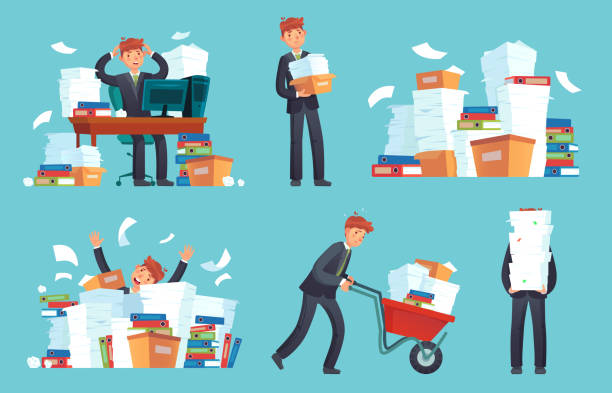 Unorganized office papers. Businessman overwhelmed work, messy paper documents pile and files stack cartoon vector illustration Unorganized office papers. Businessman overwhelmed work, messy paper documents pile and files stack. Unfinished office document work, stressed businessman cartoon vector illustration set full stock illustrations