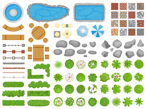 Top view park items. Garden walkway, outdoor relaxing parks furniture and gardens trees aerial isolated vector illustration set Top view park items. Garden walkway, outdoor relaxing parks furniture and gardens trees aerial. Pool, table and chair or garden relax architectural isolated vector illustration icons set blueprint symbols stock illustrations