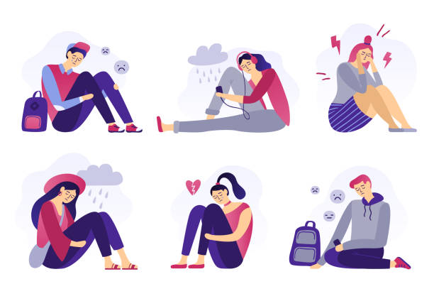 Depressed teenagers. Sadness student, unhappy stressed teen sad boy and crying girl. School stress isolated flat vector illustration Depressed teenagers. Sadness student, unhappy stressed teen sad boy and crying girl. School stress, anxious introvert teen, lonely bullying abused teenager. Isolated flat vector illustration icons set emo boy stock illustrations