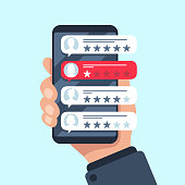 istock Rating review bubble. Reviewers texting on cellphone app, choice bad or good 5 star ratings. Flat vector illustration 1128519027