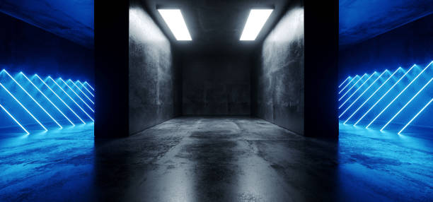 istock Concrete Neon Sci Fi Futuristic Alien Ship Modern Reflective Grunge Room With Studio Lights And Tilted Tube Lights Lasers Led Empty Space Club Dance 3D Rendering 1128519109