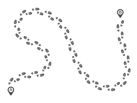 Footsteps walking route. Footprint imprint way track, run foot feet tracks and walk footstep. Cross trekking imprint, foots shoe steps or footsteps vector illustration